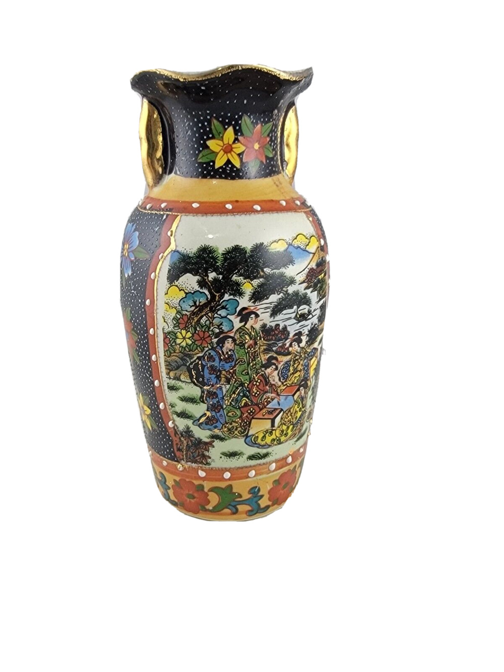 Vintage Asian Porcelain Hand Painted Vase Moriage Geisha Scholar 6" Tall